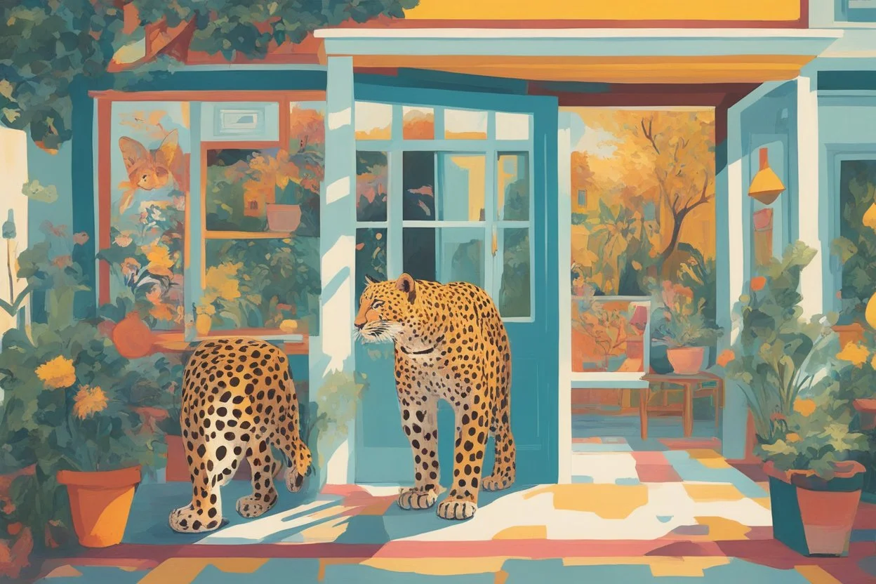 whimsical folk art, flat colors, arafed juxtaposition, uncanny, enter the leopard motif, sunny porch afternoon vibe