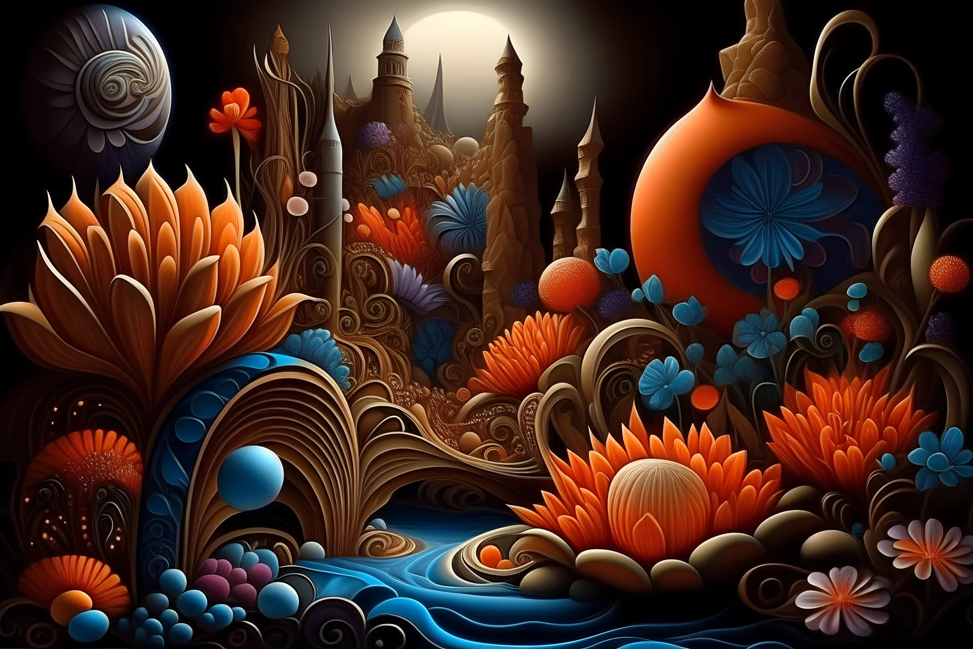 fractal landscape, Fantasy flowers, Catherine Abel style, digital painting, elegant, soft, diffuse, light fantasy, oil on canvas, beautiful, highly detailed, ultra-detailed, clear, colorful, Jacek Jerka, acrylic painting, Gediminas Prantskevicius. Art Deco. Paisley Brown. polished. Art Deco Catherine Abel, Yayoi Kusama, Yayoi Kusama. Thomas Kinkade