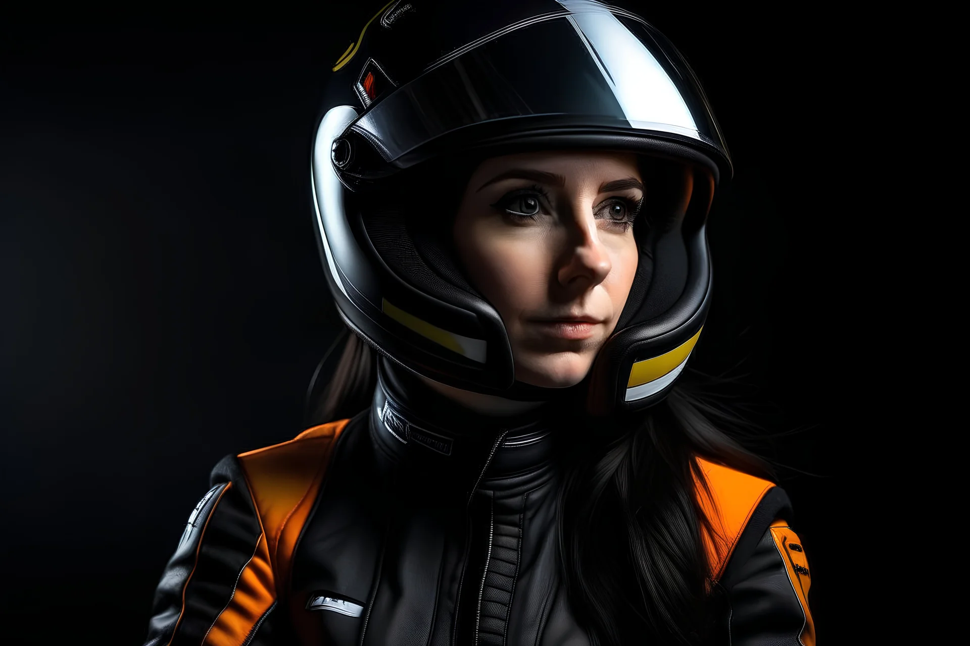 very beautiful girl, black hair, colorful hair, dressed in a car racing suit, posing in a photo studio, helmet on and open, black background, looking at the viewer, natural light, photo taken with a Sony Alpha III camera, 50mm lens , photo taken from afar