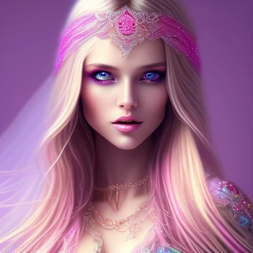 beautiful, soft, smiling face, whole head, long straight blonde hair blues eyes, crown on the head, clothing in transparent bluish and pink veil, background brillante bluish and pink,