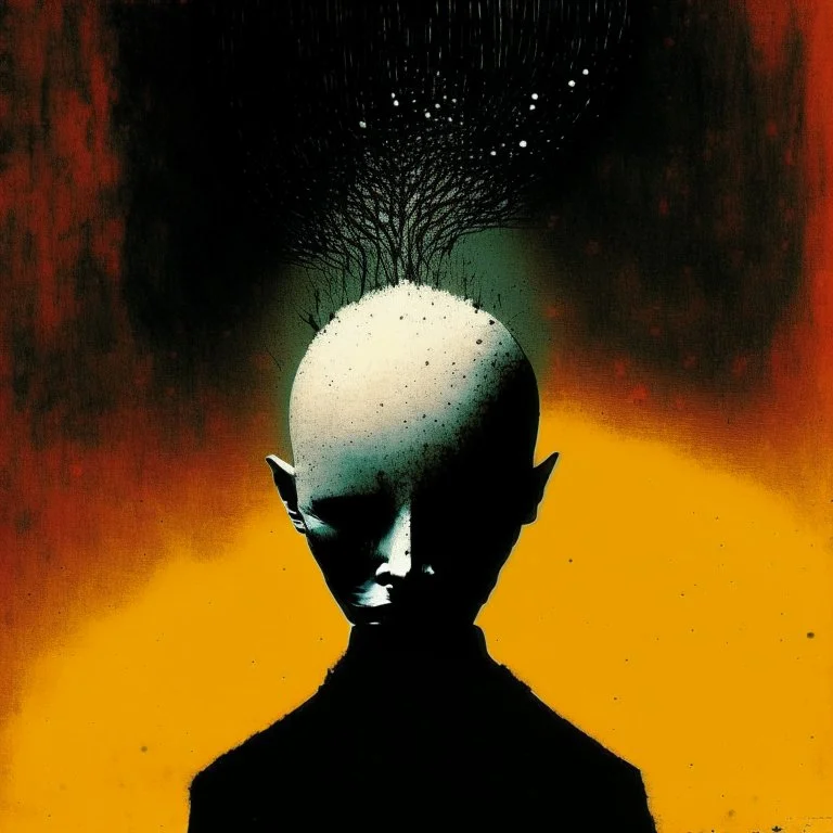 small head Sopor Aeternus depicting a fear of being alone, Style by Ray Johnson and Dave McKean, surreal horror, dynamic composition, color burn, based on the imagery of Zdzislaw Beksinski, minimalism, artistic