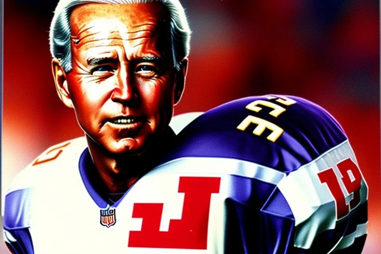 Full view Joe Biden as football player ((wearing a helmet)) trading card packet helmet, NFL logo, fleer 1985