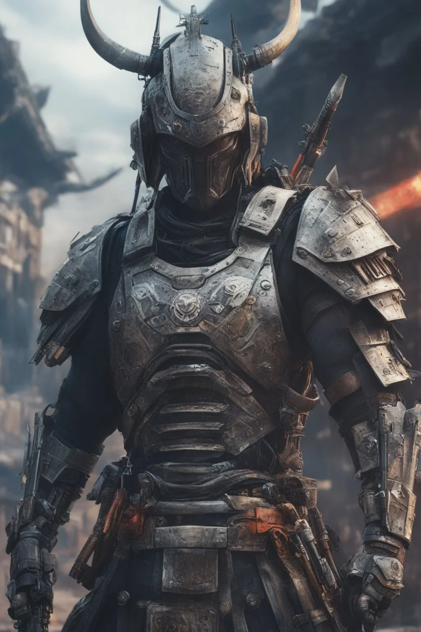 Close image of Anime depiction of a cybernetic samurai in a post-apocalyptic setting, focusing on the intricacies of the armor and weaponry, 8k realistic