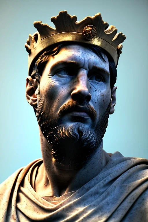 Ultra Realistic image, roman sculpture, Calacatta marble material, Lionel Messi, gold Laurel leaves crown, Renaissance style, miguel angel David style, chisel style, emperor, waist up portrait, epic, celestial, cinematic lighting, God light, god rays, 4k resolution, smooth details, ornate details, soft lighting, unreal engine 5, sky background.