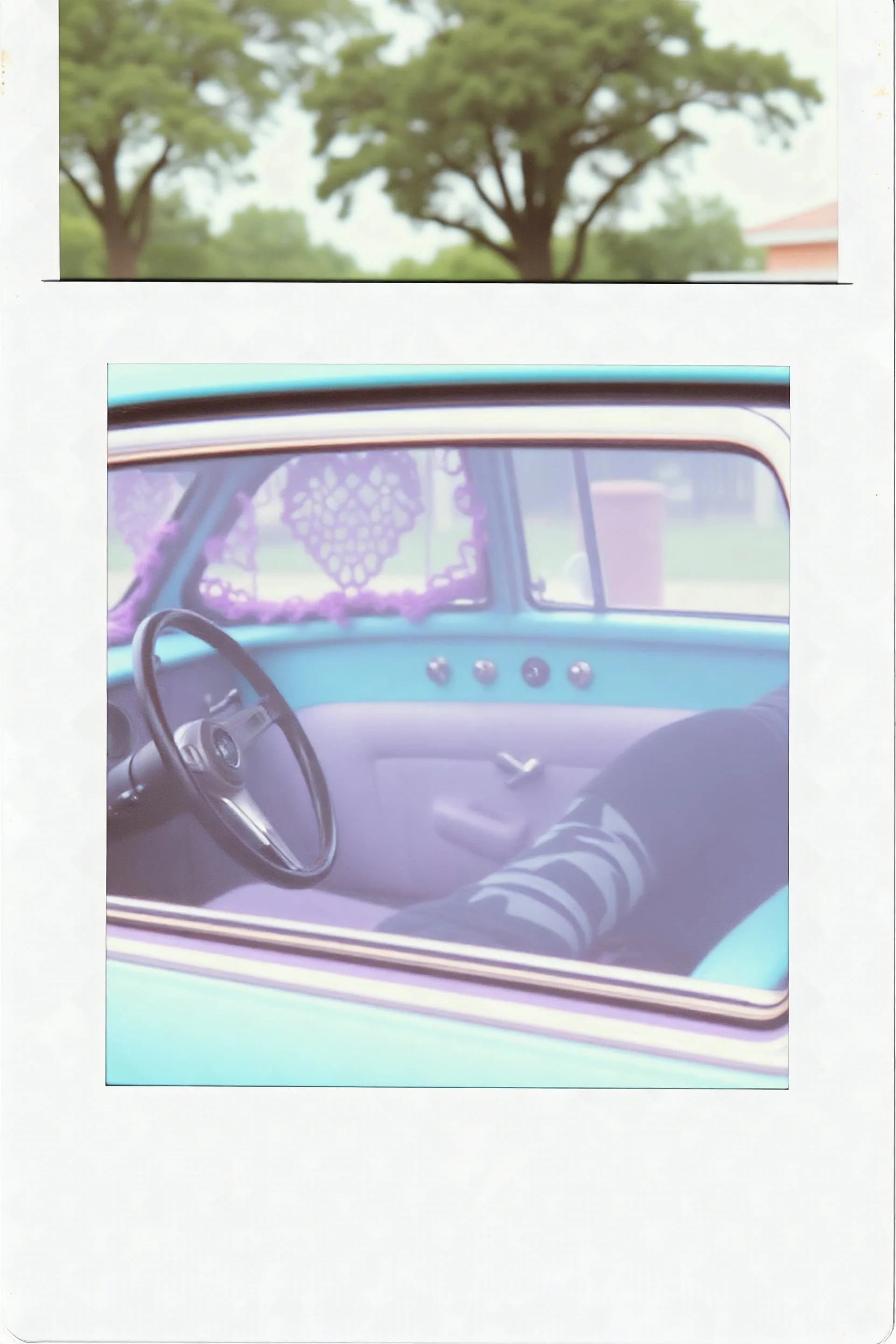 Vintage polaroid of a hippie car,crochet, purple, turquoise