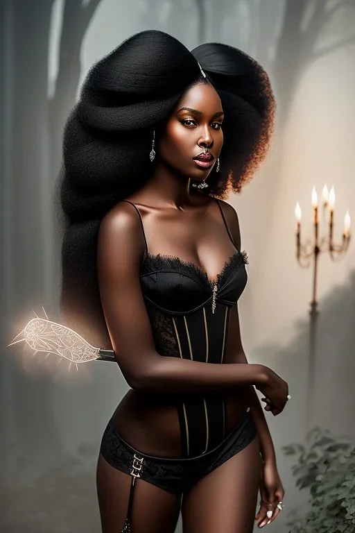 A portrait of a beautiful curvaceous black woman with long black hair, wearing a lace black corset, wizard, magical, ethereal, intricate, sharp lighting, misty. Painting, high quality, Ultra quality 8k.