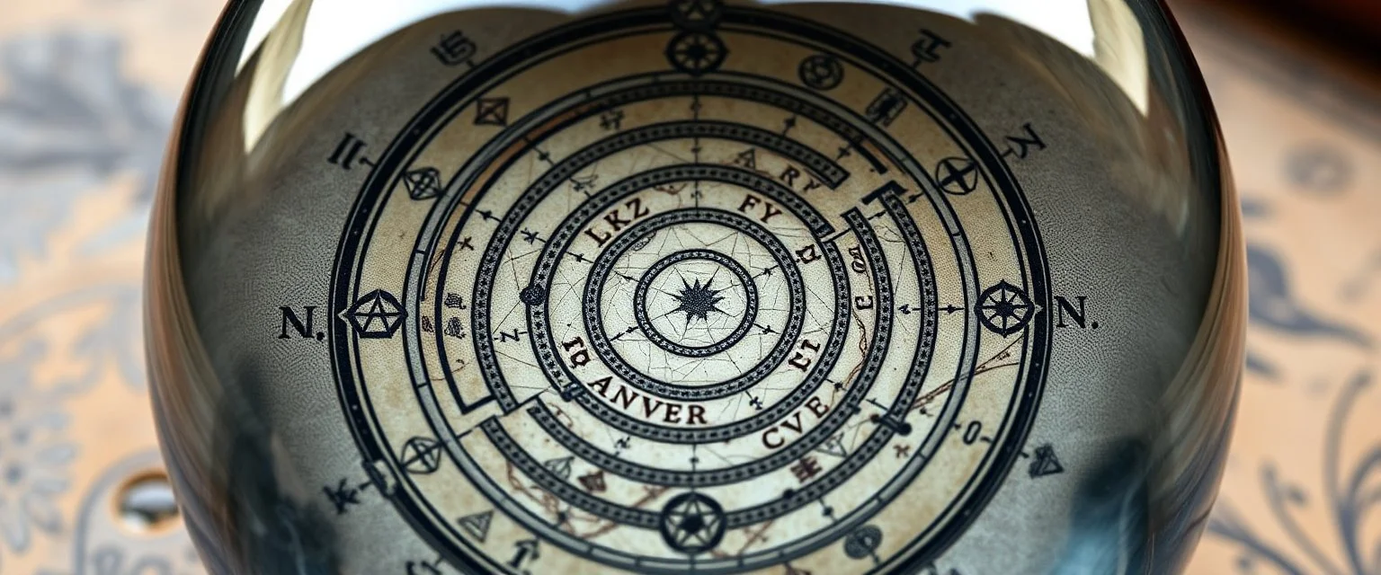 map of labyrinth contained in a glass ball with sigils and symbols