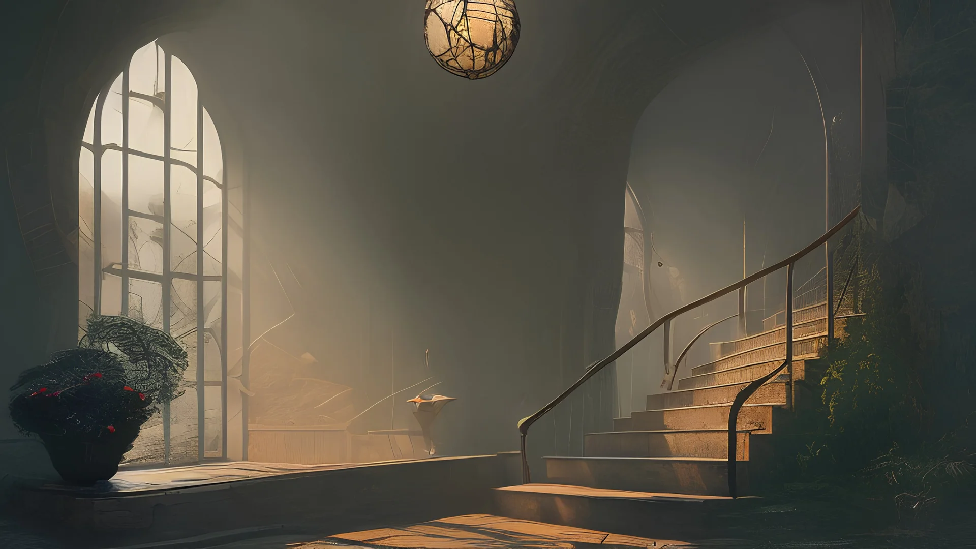 Scene of danger on the stairs, intense lighting, dramatic shadows, high detail, realistic, cinematic, suspenseful, dynamic composition, digital painting by Simon Stålenhag and Ian McQue, 4k resolution