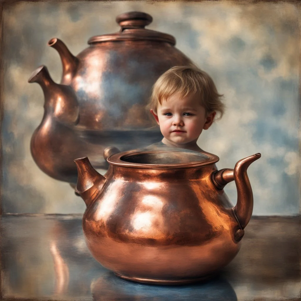 Reflection of a child on an old copper teapot