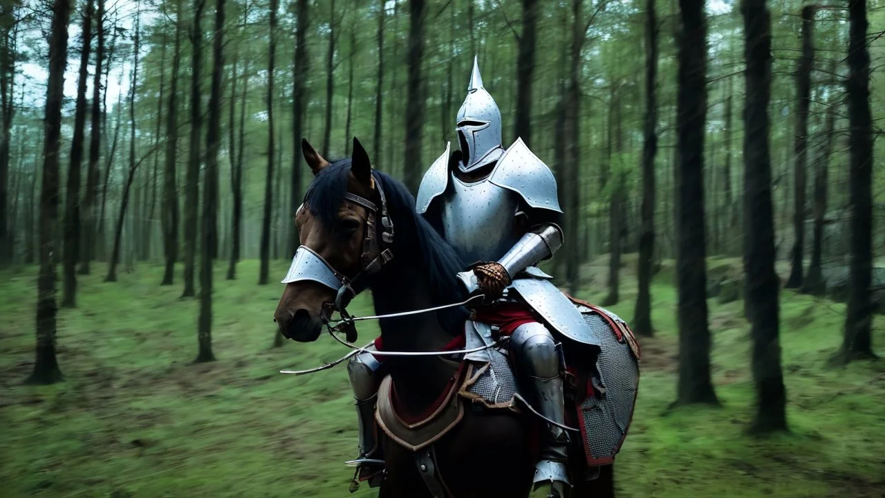 warrior knight in armor mounted on a horse in the forest