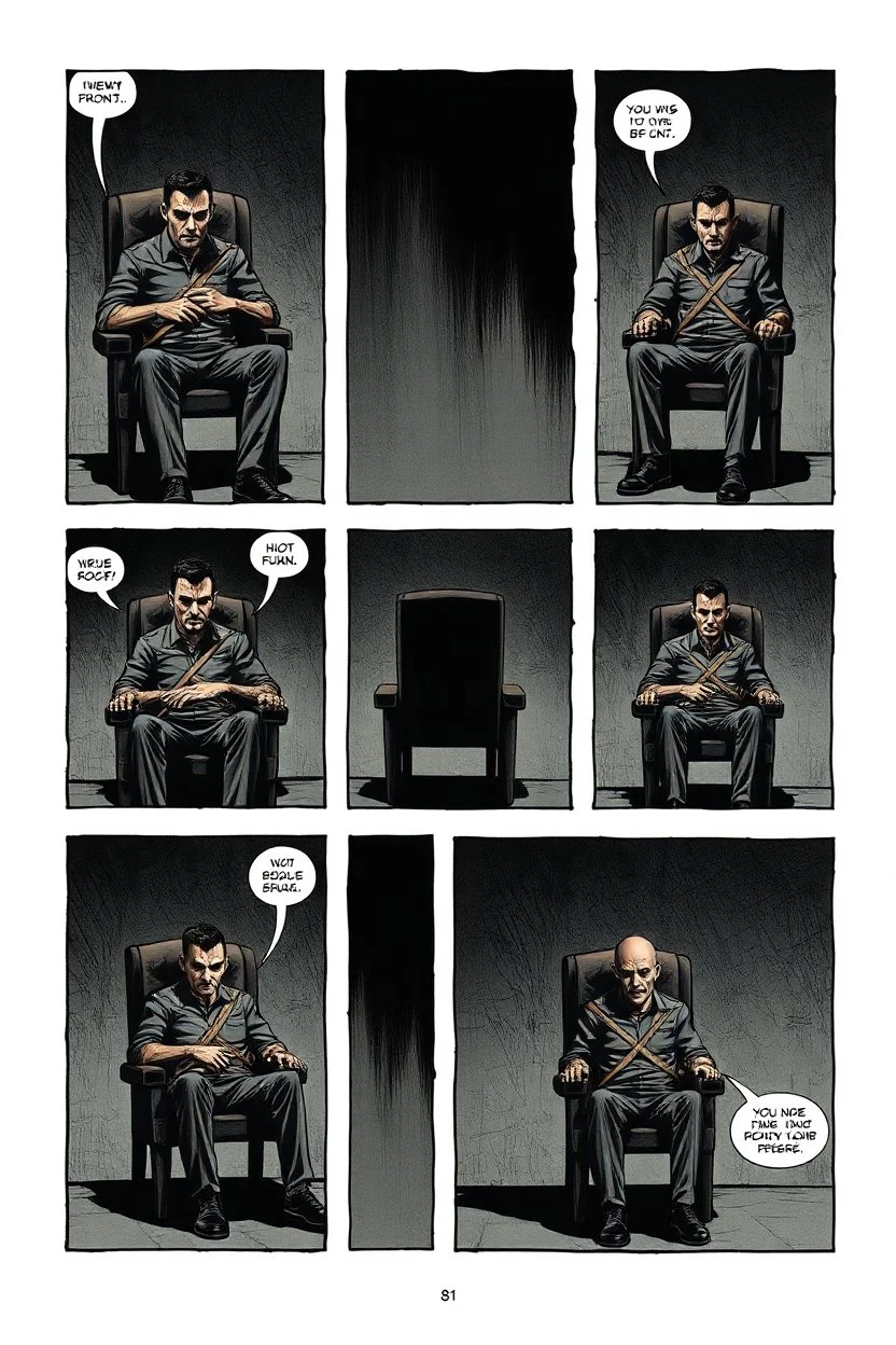 a page divided into 6 rectangular panels, each with different views of a man strapped to a chair and being interrogated, suspenseful comic book