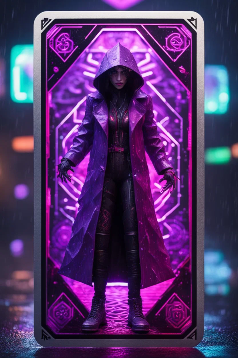 paradise sacred geometry framed playing card, black, red, spore and purple neon cyber punk dancer thief in soaked rain coat shadows boss card in the style of escher and fallout 4 ,,bokeh like f/0.8, tilt-shift lens 8k, high detail, smooth render, down-light, unreal engine