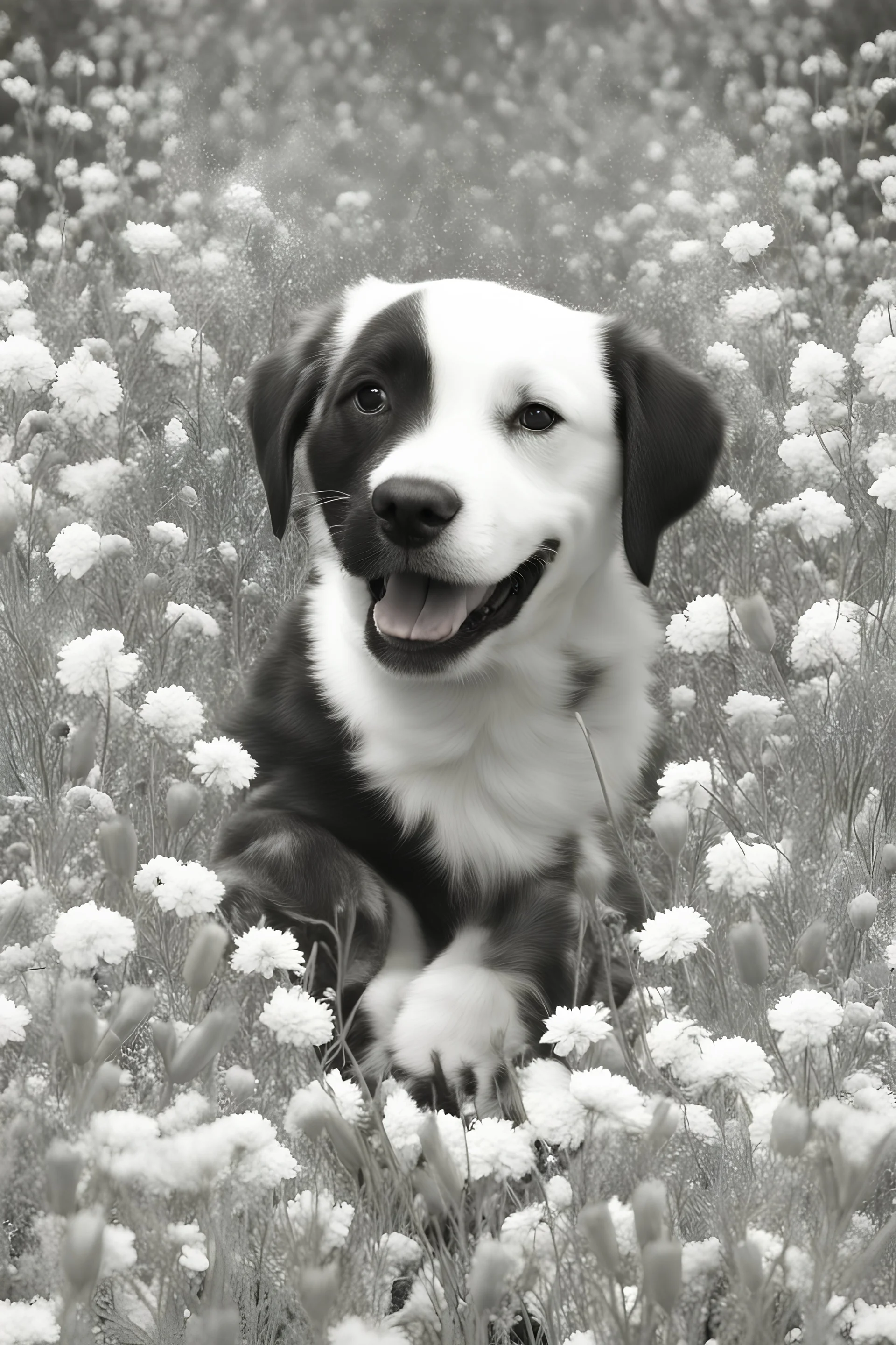 puppy in a field of flowers black and white