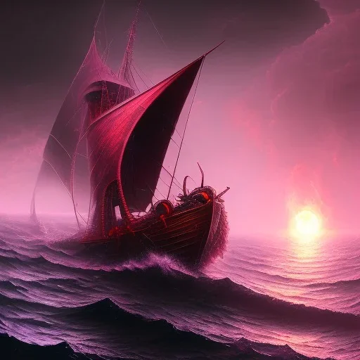 Charon in his boat on the river Styx, red black purple colours, 8k, high definition, fantasy art