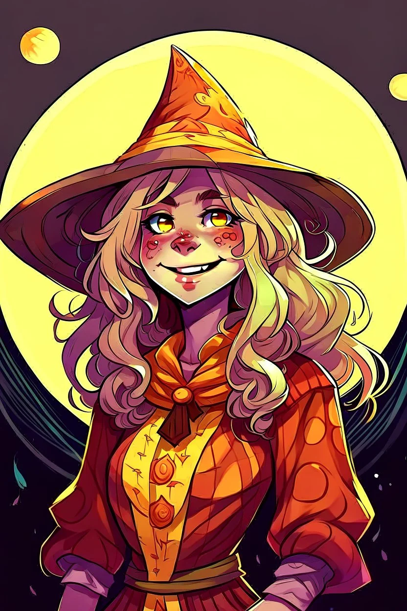 Style: anime manga, A Girl with dark skin tone, Red eye with a yellow base, Full curly white hair, moon-shaped cheek marks, and a childish smile, Her face is half in profile, the background is lunatic, her face seems to be mocking someone, Her outfit is: A lunar witch outfit, her purple colored witch hat has a yellow/gold colored star emblem, She is winking with one eye and sticking out her tongue (Mocking),