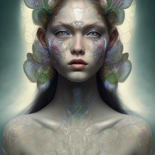 perfect woman portrait , perfect eyes, peacock feathers, face tattoo, curly hair, earrings, butterflies, plants, wildflower, facepaint, intricate, oil on canvas, masterpiece, expert, insanely detailed, cinematic smooth, intricate detail, soft smooth lighting