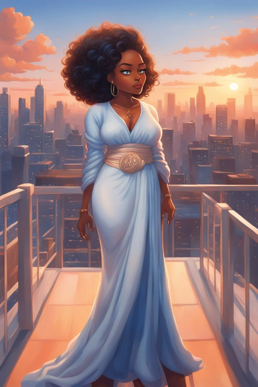 The scene opens onto a serene balcony overlooking a bustling city skyline. The sky above is painted in soft hues of blue and orange as the sun begins its descent, casting a warm glow over everything it touches. In the foreground stands a captivating figure, airbrush chibi cartoon curvy black woman exuding confidence and elegance. She is adorned in a flowing white knit maxi dress that hugs her curves in all the right places, accentuating her silhouette. Her choice of footwear is equally stunning