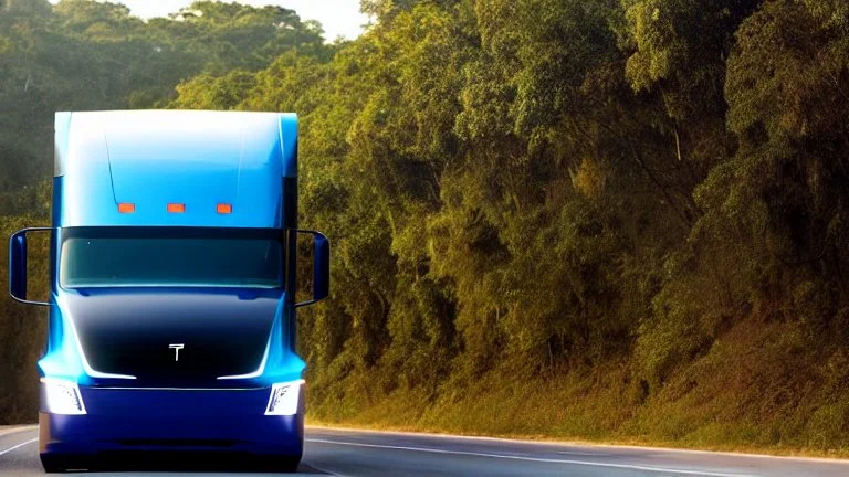 A Tesla semi-truck is racing at top speed, across a jungle of the Jurassic Period. CINEMATIC. WIDE ANGLE LENS. PHOTO REAL.