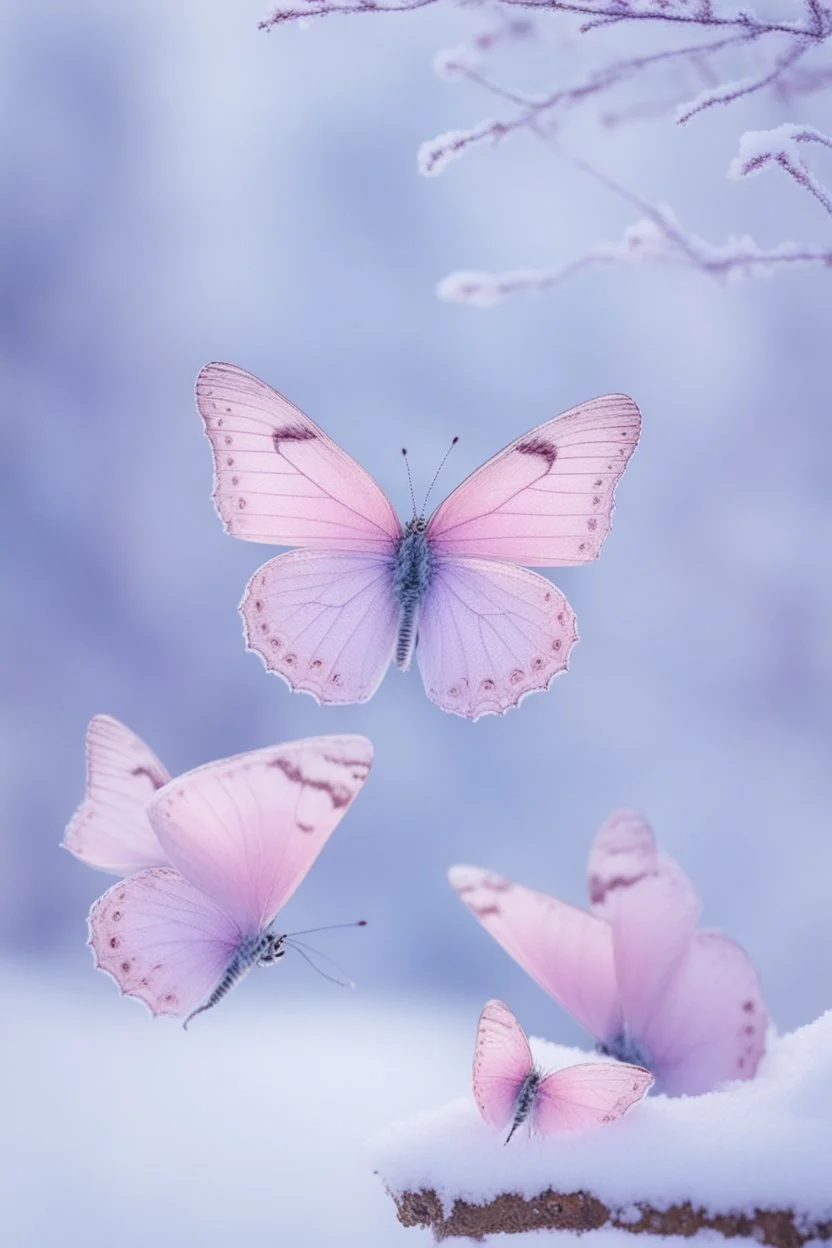 Light pink and light purple butterflies in the blue snowy winter