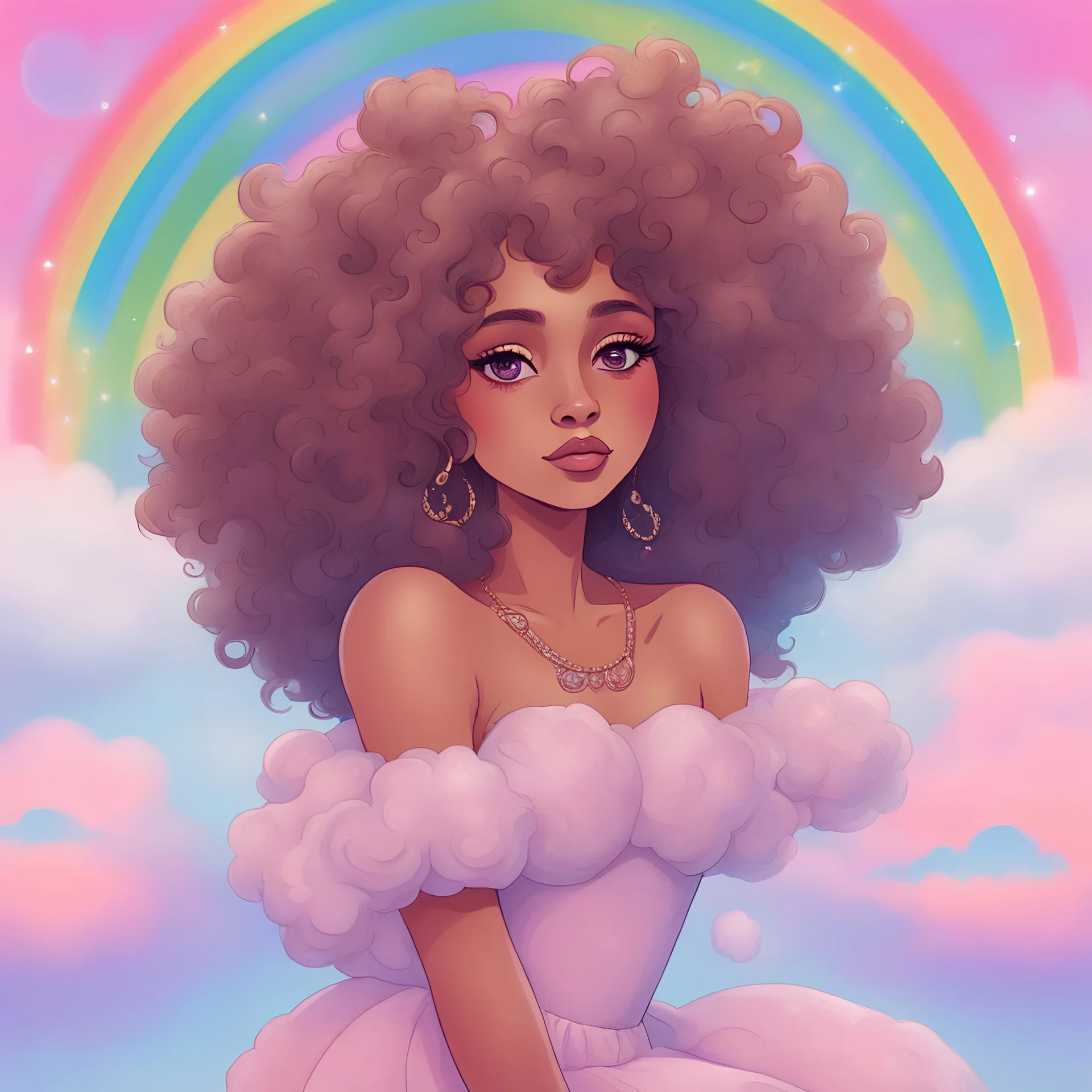 a portrait of a medium brown-skinned young adult woman with big curly hair and a puff sleeve selkie dress, sitting on a cloud in a sparkly sky, rainbow in the background, rainbow pastel color scheme, highly colorful, incorporate glitter, in the style of stylized original character art