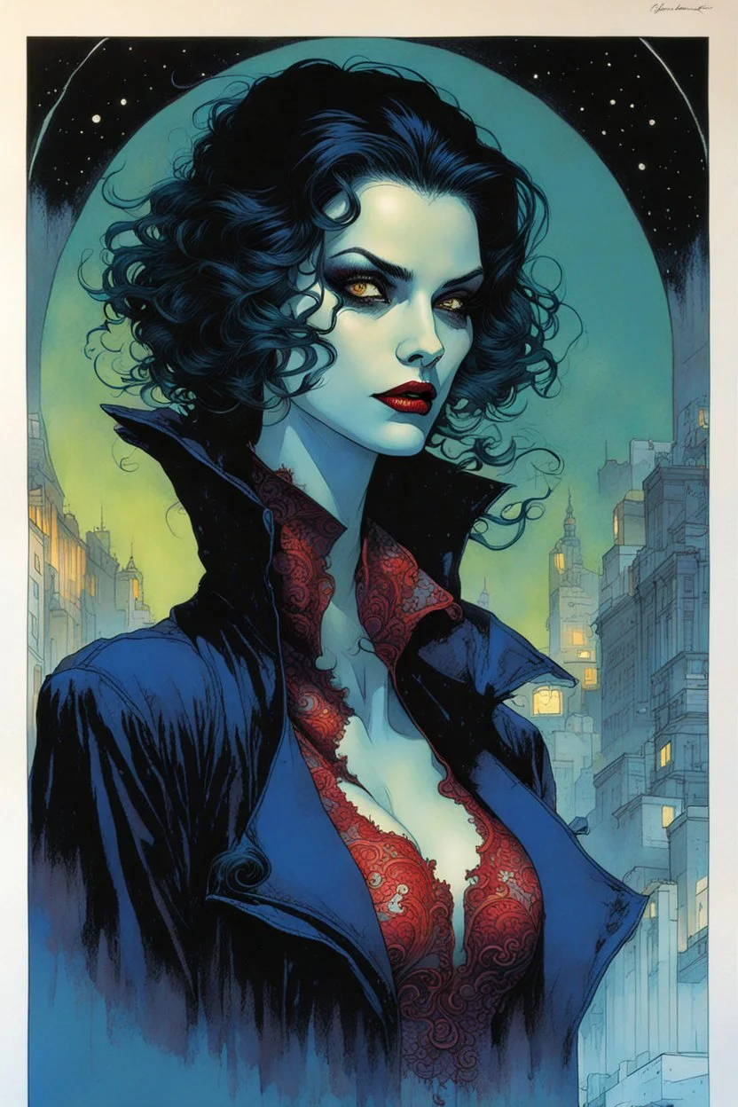 create a fine art print illustration of a seductive, Semnoni female vampire seeress, clothed in an ornate but ragged bliaud with highly detailed feminine facial features, gazing into a seething palantir , shrouded in a fetid mist at midnight , in the comic book art style of Bill Sienkiewicz, and Jean Giraud Moebius, finely textured, drawn, colored, and inked