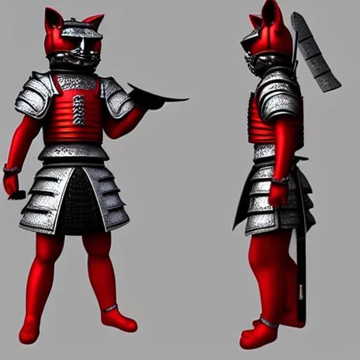 Modélisme trois dimensions, chat, anthropomorphique, habillé comme un samurai, armure très détaillé, rouge, argent