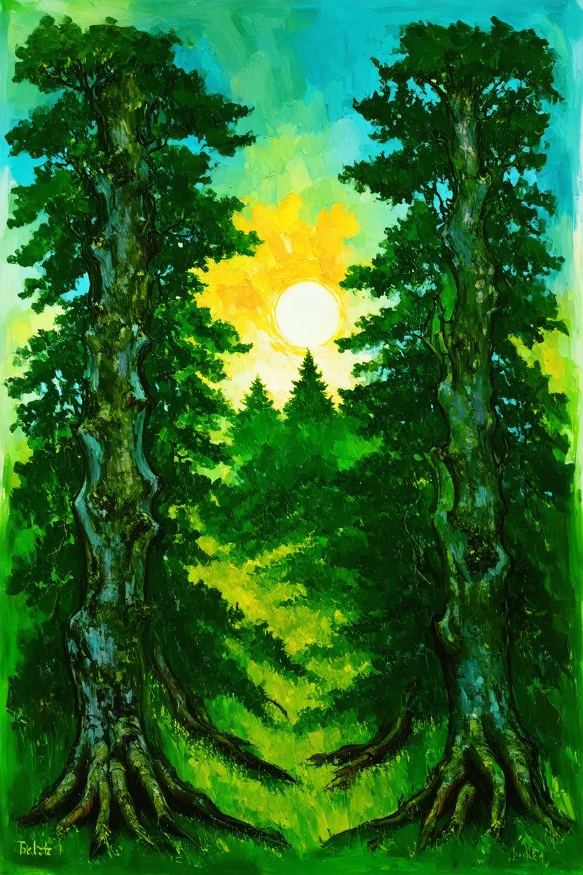 Cognitive fortress; Post-Impressionistic sky and sun with a forest where the trunks are inspired by Klimt and the evergreen leaves are ink wash in many shades of green