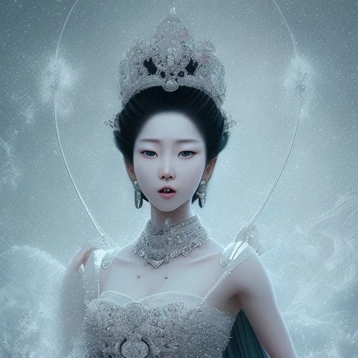 smooth hyper realistic, beautiful smiled Japanese goddess in crown, pale colors, dark cosmos background, cat еye, extremely sharp detail, finely tuned detail, ultra high definition, 8 k, unreal engine 5, ultra sharp focus, accurate sword wings, positive smile, lot of details, fit within portrait, Ambiance winter, perfect composition, perfect hair, perfect hands, finger up gestures