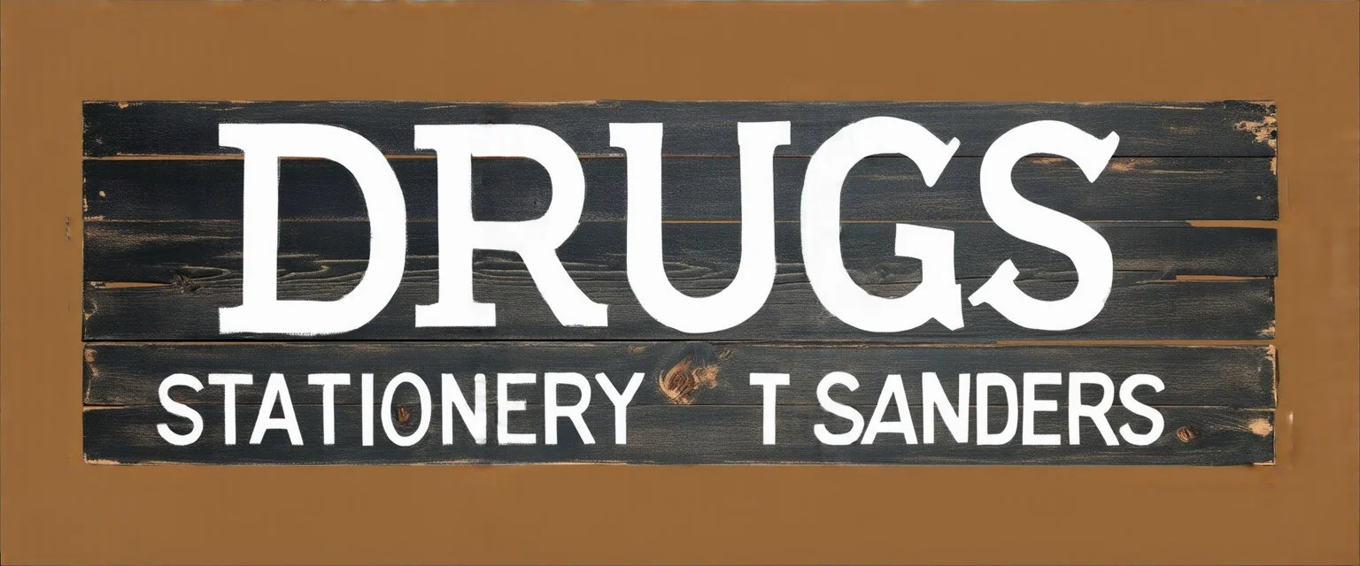 a hand painted sign on dark painted wood planks, first line says "DRUGS", second line (Smaller) says "STATIONERY T SANDERS", on a brown background