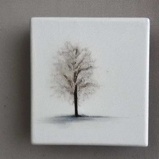 tiny oil painting of tree in white fog, plain white background, solid white background, tiny white canvas, tiny white frame, plain white wall, melancholy, tender, moody, vintage, delicate arrangement, beautiful composition, etsy, aesthetic layout, plain solid white background