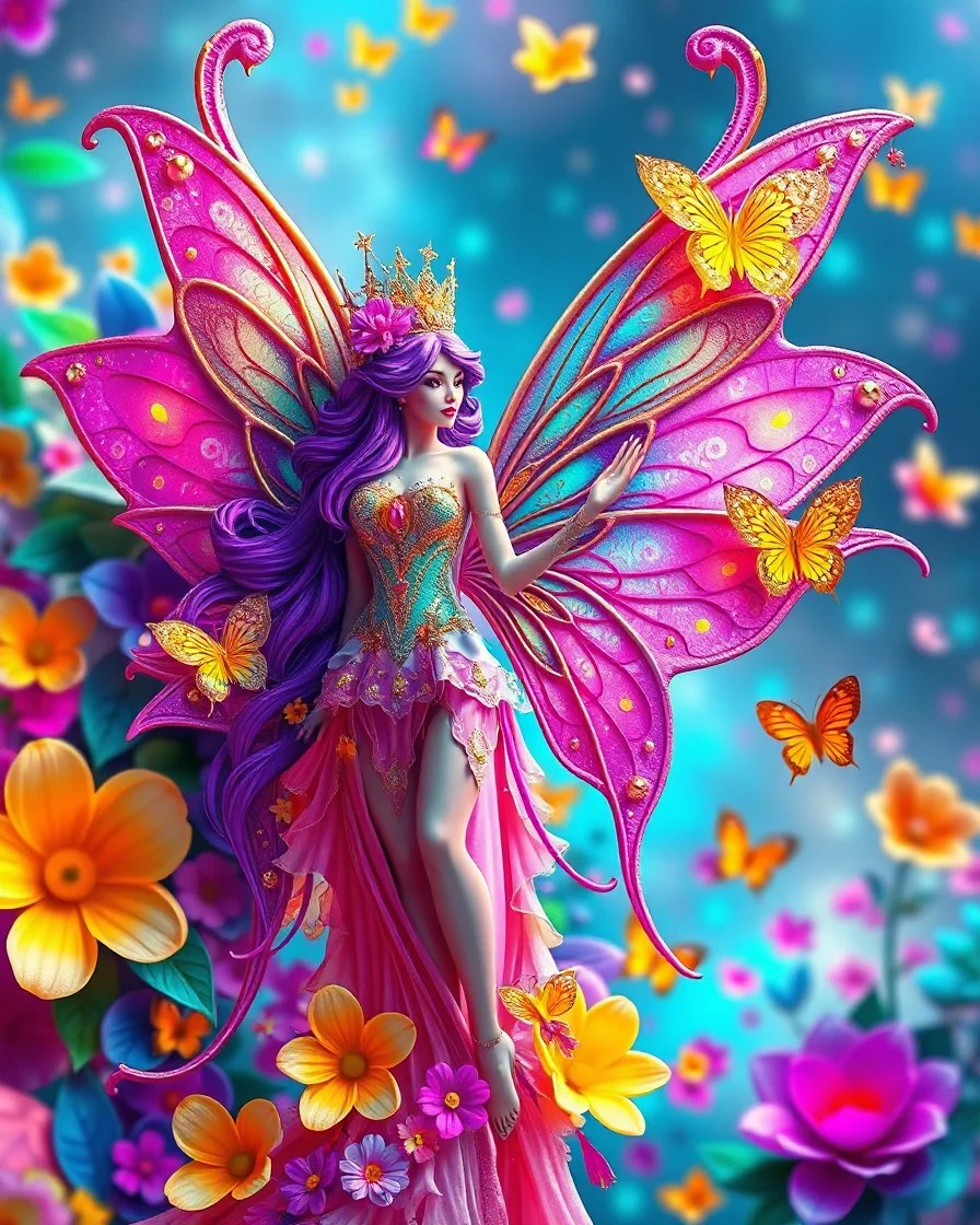 Masterpiece art amazing art picture in Luxurious 3d colorful fractals sharp colors,vibrant colors,rainbow neons colors standing pose sweet pose a adorned carnival fairy wings queen hair purple, golden shiny adorned,in fractals 3d outside ,fractals colorfull,Fully of flowers,butterflies,leaves in 3d outside fractals neons vibrant colorful backgrounds