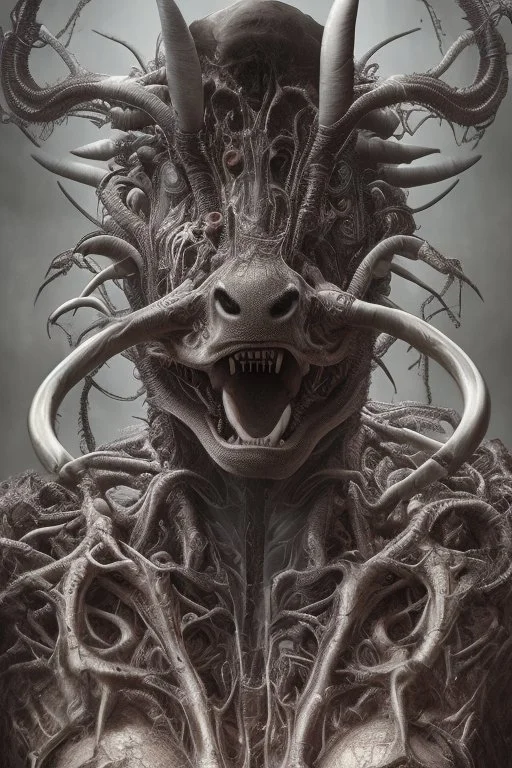 a very insane outrageous portrait of a cow in (H.R giger) style with lots of alien tenticles being held at gun point in a grungy toilet from new york subway