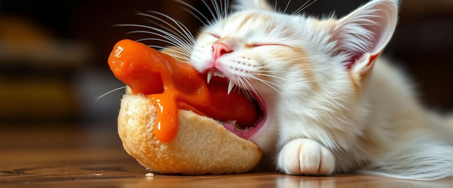 cat eating albino hot dog