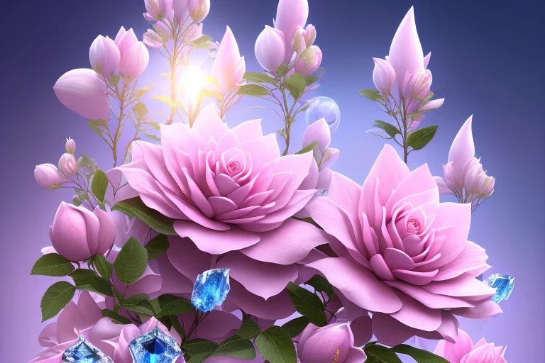 a magical crystal flower lys bougainvillier, blue gold house indian palace castle in the woods, magnolias pink,blue lake,sun,white swanns,pink vertical, blue lake,sharp, vines, candlelit, endor, ornate, elegant, highly detailed, artstation, concept art, smooth, sharp focus, illustration, 8k, splash art, wallpaper, key visual