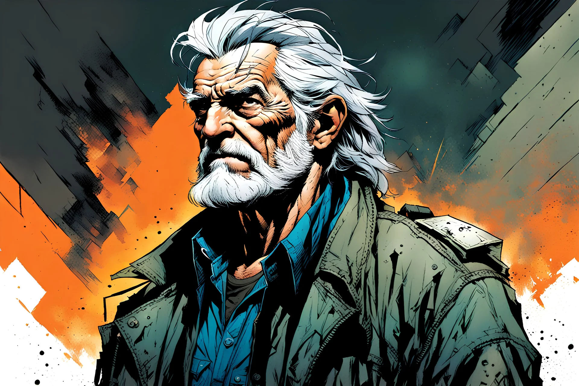 create a full body portrait illustration of a an aged grey haired, raggedly dressed, post apocalyptic, skid row derelict , with highly detailed and deeply cut facial features, in the comic art style of FRANK MILLER and BILL SIENKIEWICZ, searing lines and forceful strokes, precisely drawn, boldly inked, with gritty textures, vibrant colors, dramatic otherworldly lighting