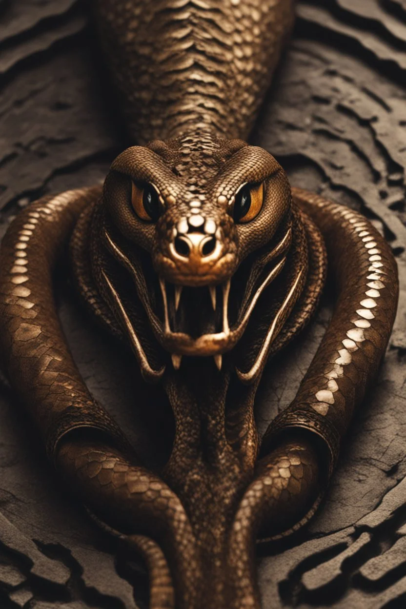 Close up of a Cobra snake ready to strike, head in a flat striking position. Abstract, Stunning and frightening pattern on forehead with staring eyes. Style of steampunk, chaos80, realistic and high quality