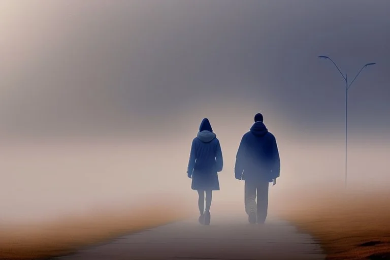 two people seen from behind walking side by side in an empty foggy plain, above there is blue sky