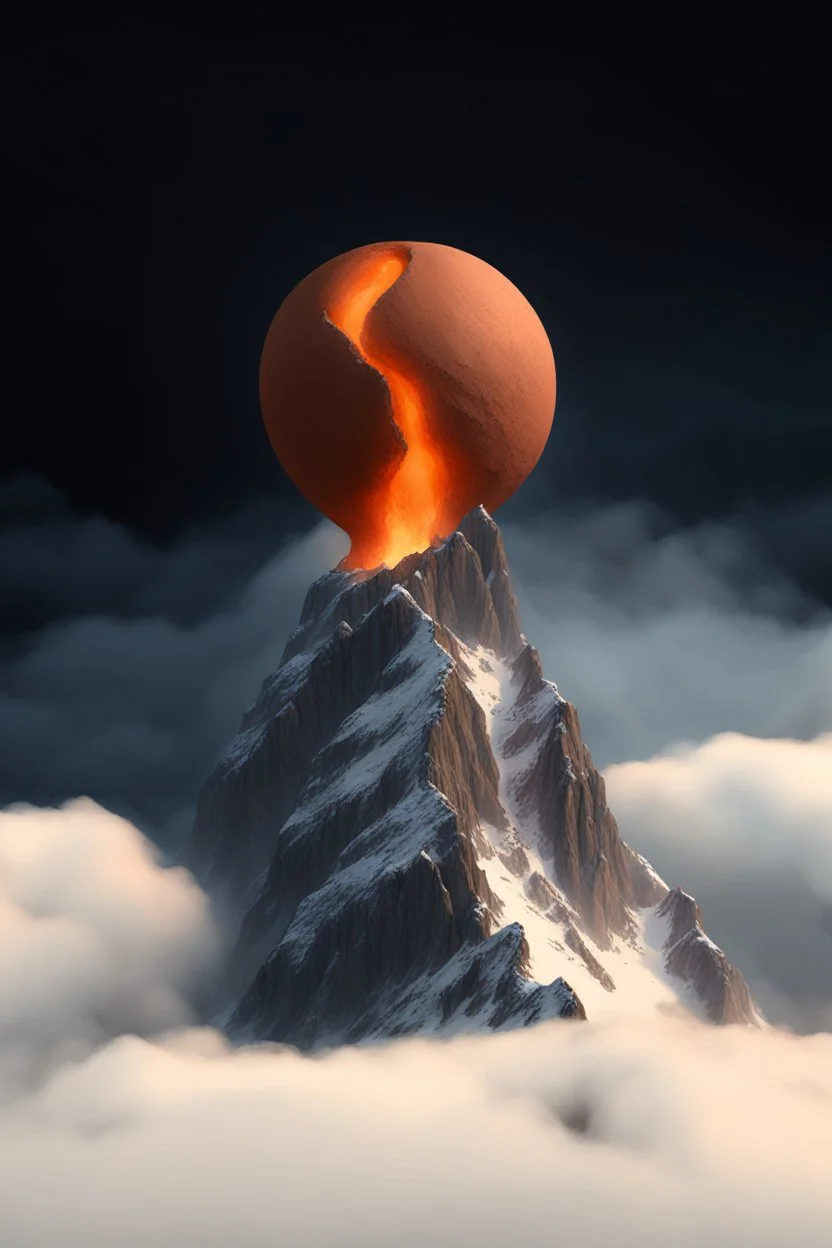 a mountain rises out of the mist into the night sky. at the peak, a dull clay ball is cracked in two by the sharp rocks, insides flowing down the mountainside. cinematic lighting, realism,HD, jordan grimmer, artstation, grim mood, from below camera angle. a masterpiece, 8k resolution, dark fantasy concept art, by Greg Rutkowski, dynamic lighting, hyperdetailed, intricately detailed, Splash screen art, trending on Artstation, deep color, Unreal Engine, volumetric lighting,