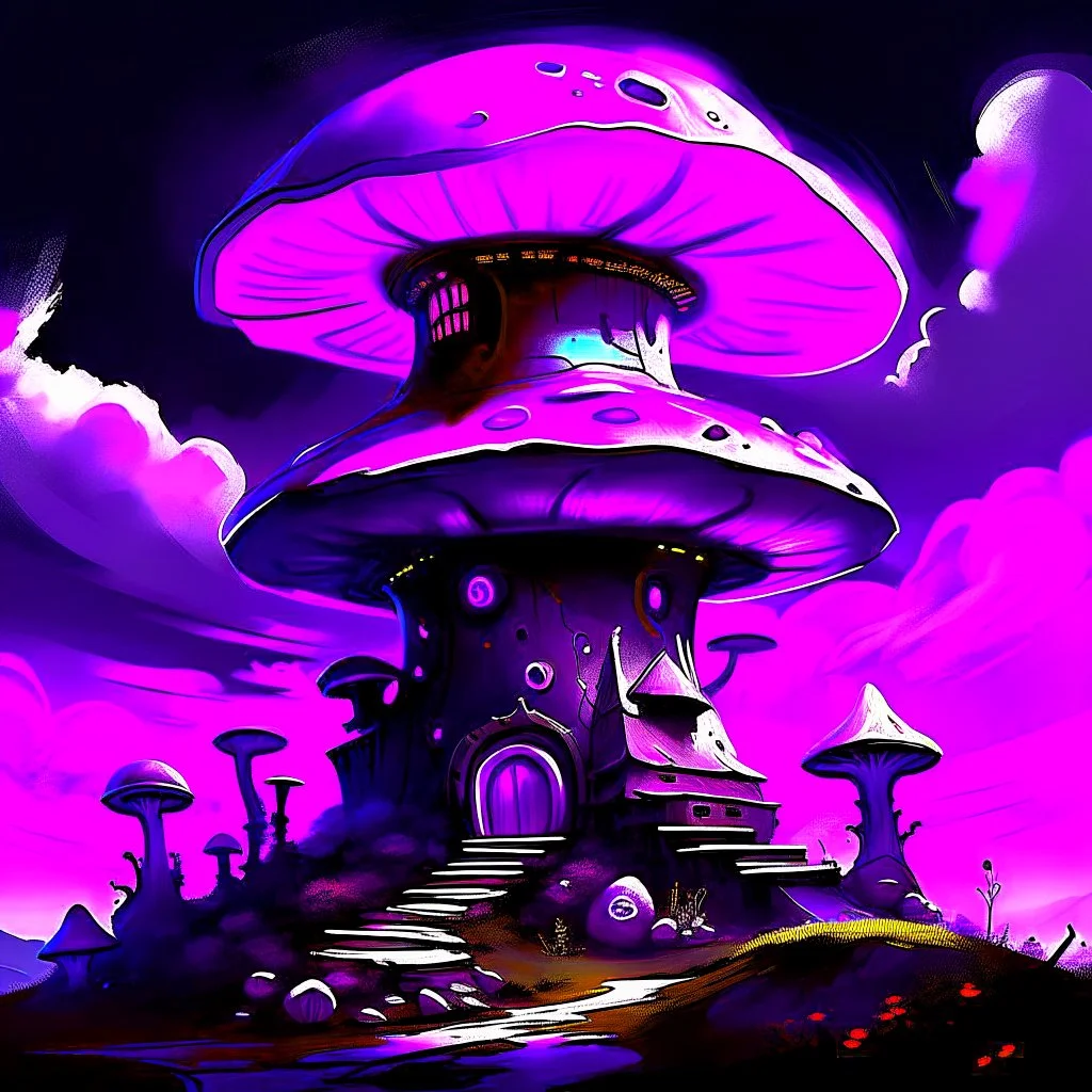 A fantabulous black, purple and magenta (((mushroom tower house))) erected atop a (geologic pillar), surrounded by the uncanny imaginative ((( swirling skies))), offset by the stark hues of a (neon-tinged nebulous space scape), within. captured by the hand a skilled master painter with a focus on (softly blurred compositions and voluminous lighting).