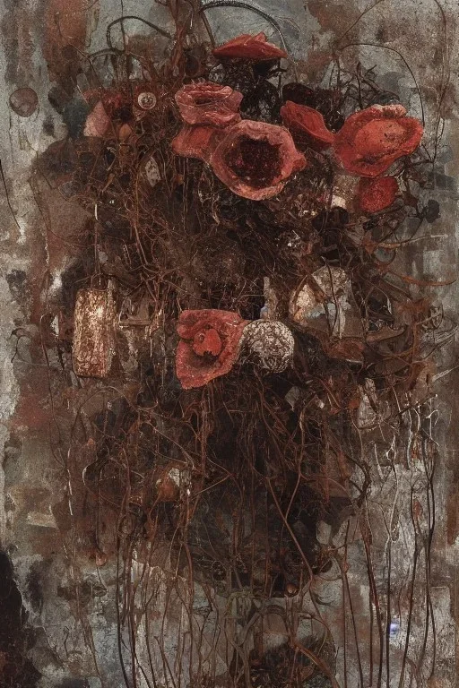 an abstract painting of rusted metal and flowers, by anselm kiefer and lucian freud, rust, scaffolding, iron cladding, decay, mixed media, textured, anatomically correct, beautiful perfect face, sharp focus, highly detailed