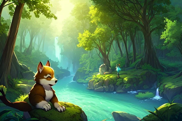 Girl, furry racoon , forest, river