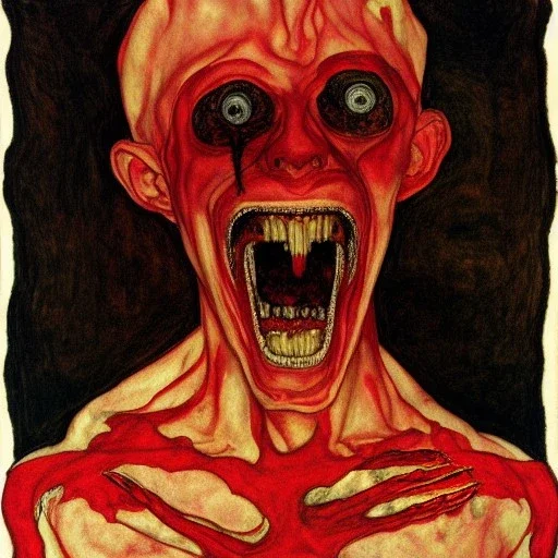 Horror Disfigured bald Vampire with longs arms and claws covered in blood,in cape ,blood big canine teeth with blood,full body, by egon Schiele,