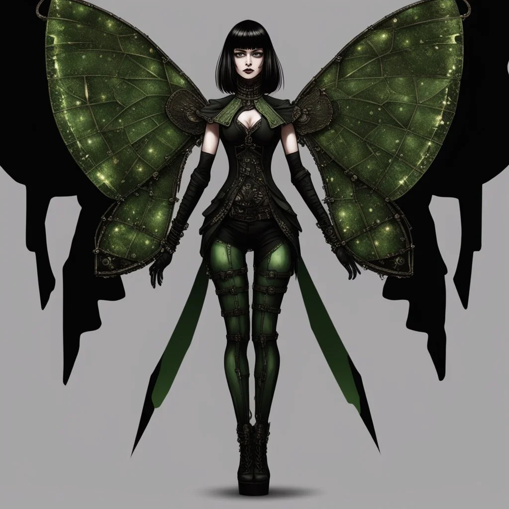 Full body, gothic woman with a bob with a fringe hairstyle, steampunk metal moth wings, green markings, black background