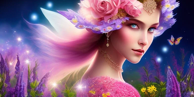 bright fairy, beautiful portrait, flowery landscape