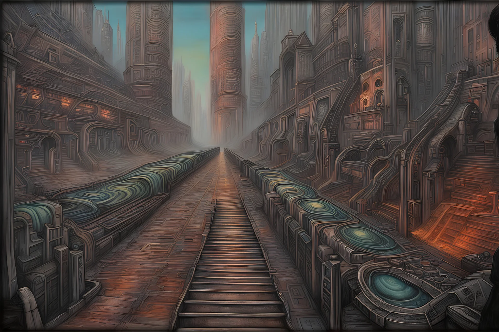 painting of a cyberpunk colourful walkway in the city with pollution by michaelangelo and hr giger