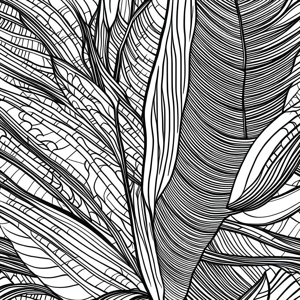 seamless banana leafs, wallpaper pattern, drawing in vector lines, same line weight, black lines