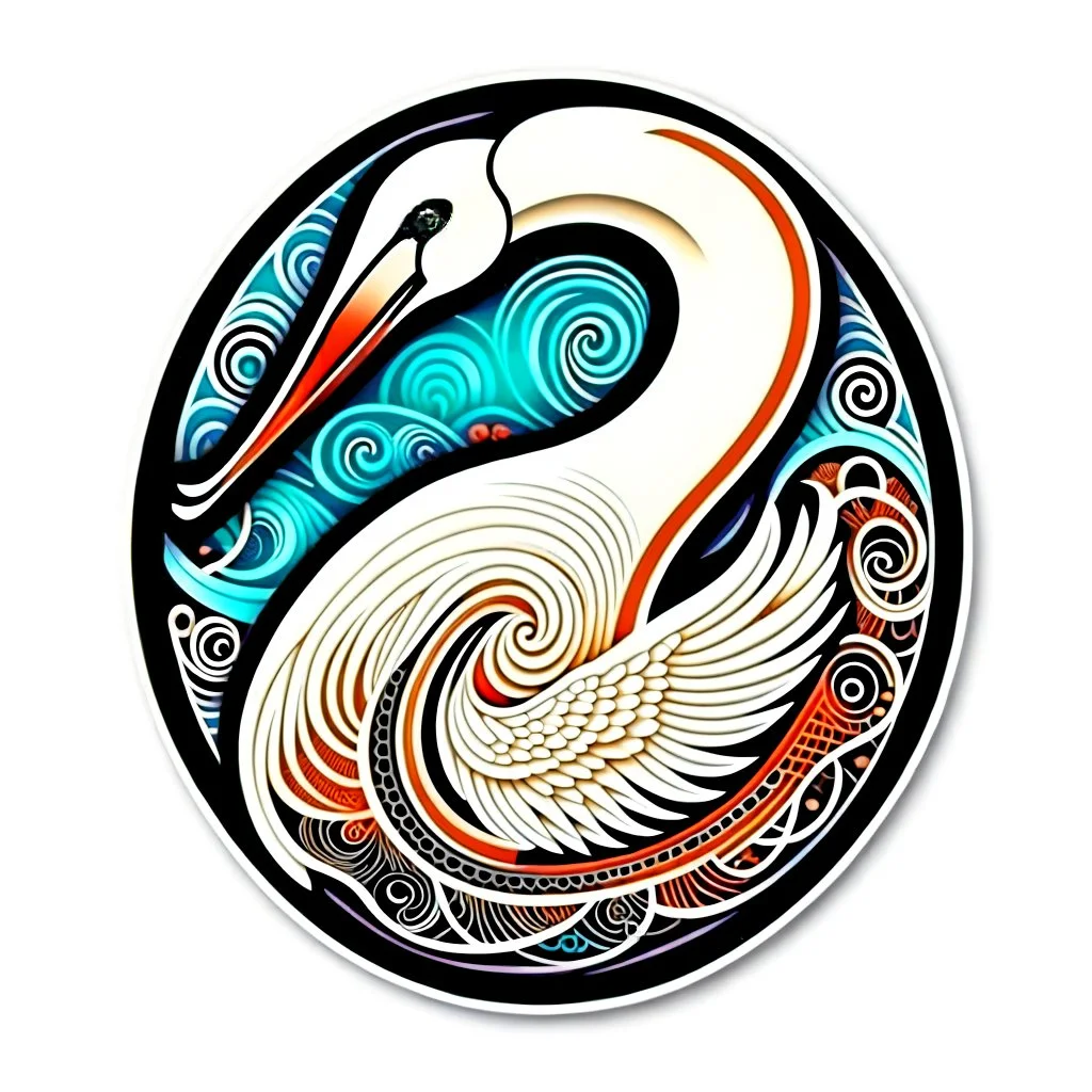 Sticker design on white background, swan in a lake in Anton Gaudi style, enameled, photorealistic