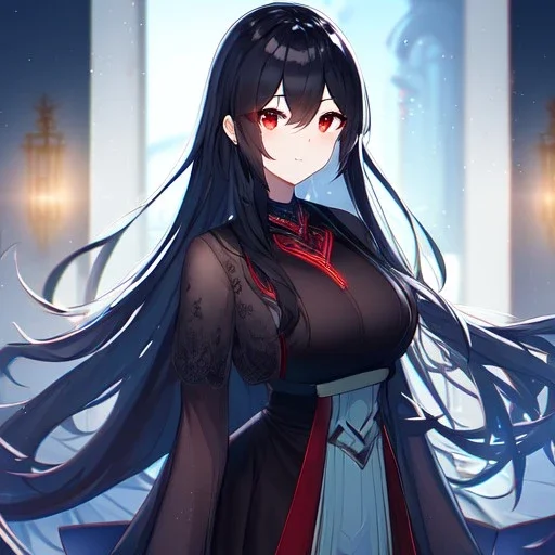 Clear focus, high resolution, black long fluffy hair, red eyes, wearing a detailed outfit