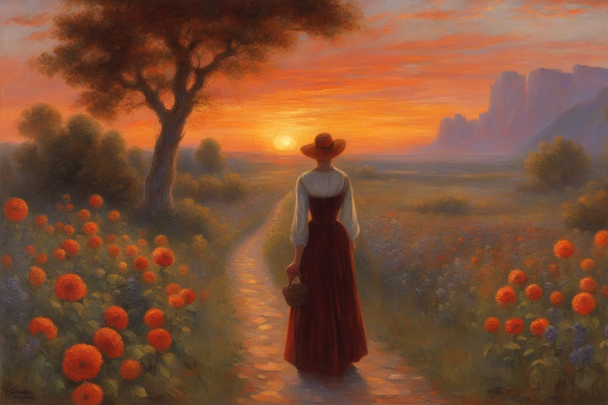 beautiful sunset, one woman looking a flowers, mountains, pathway, gothic disturbing influence, witchcraft influence, rodolphe wytsman, jenny montigny, and friedrich eckenfelder impressionism paintings