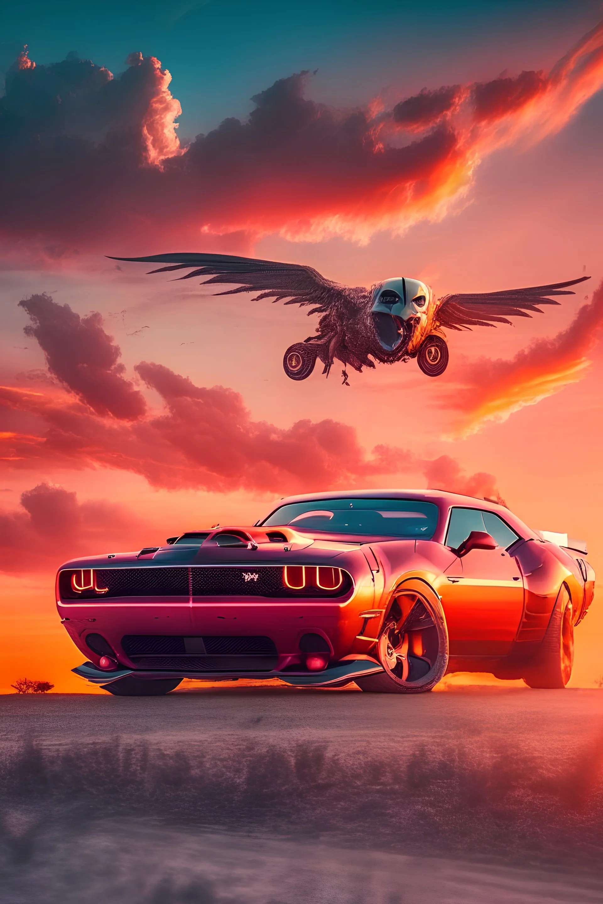 dodge challenger demon parked at sunset. chinese dragon on the sky flying behind the car. motor cross enduro stay next too the car